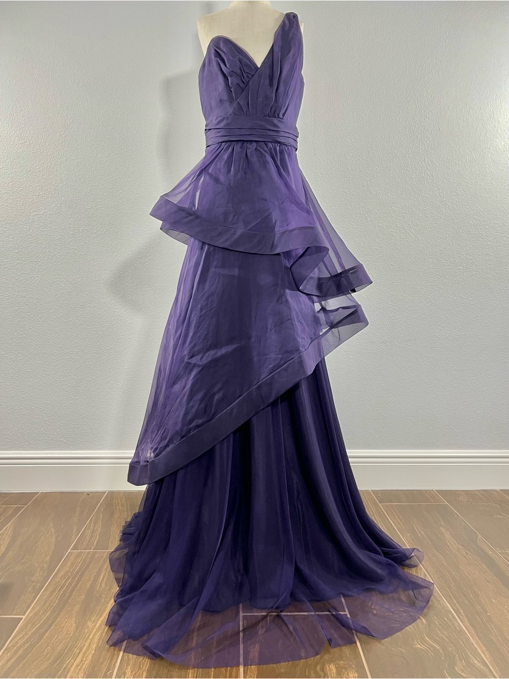 ABS Allen Schwartz One-Shoulder Purple Layered Gown